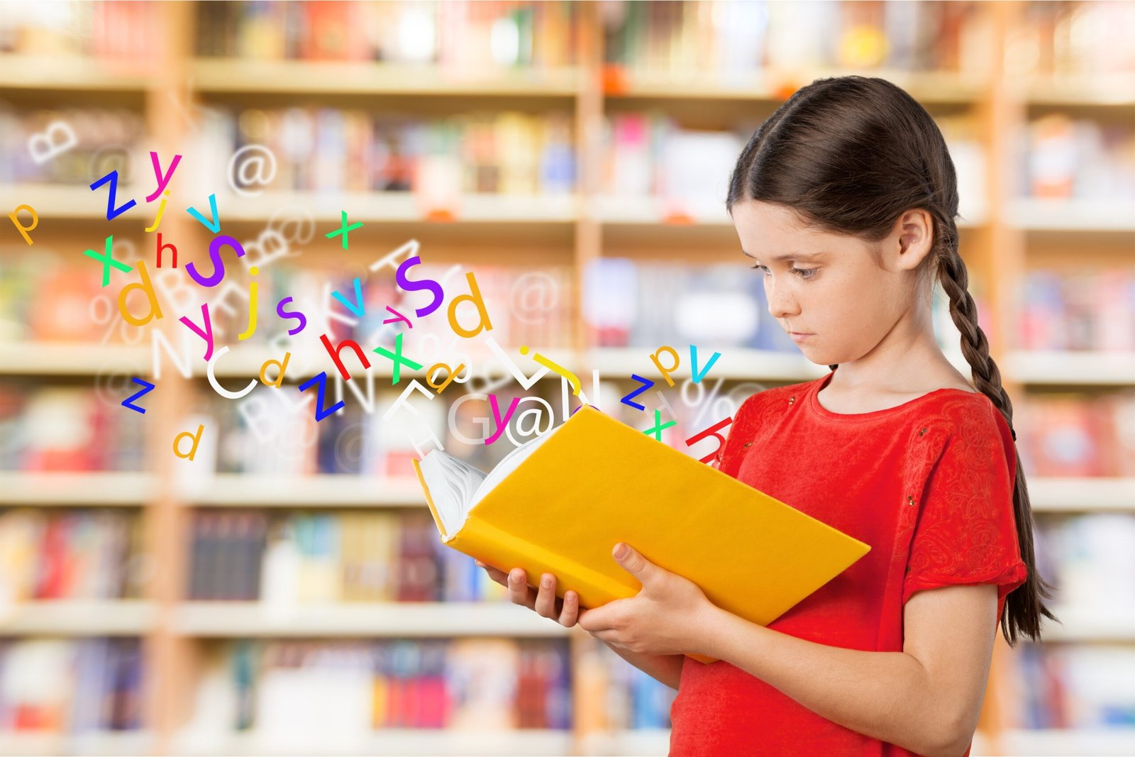 A young girl focuses on a book as jumbled letters fly out, symbolizing the reading difficulties like dyslexia that Interactive Minds helps with in Bahrain.