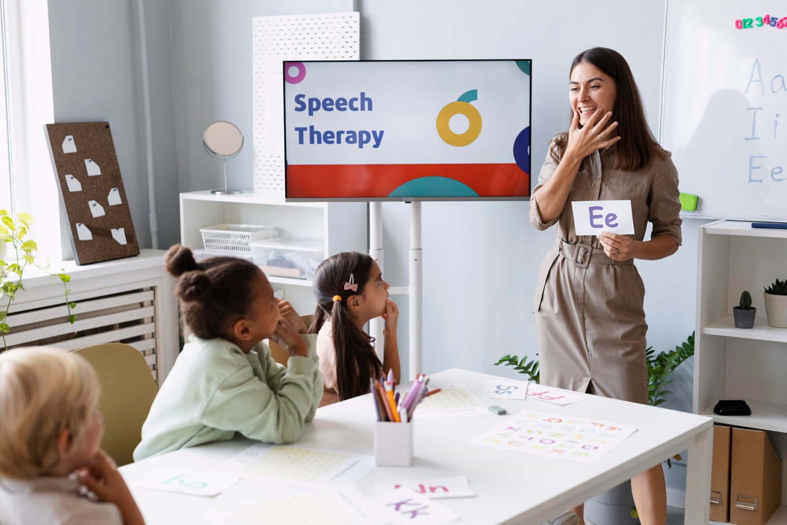 A speech therapist at Interactive Minds in Bahrain teaches a group of children the 'Ee' sound during a fun, interactive session.